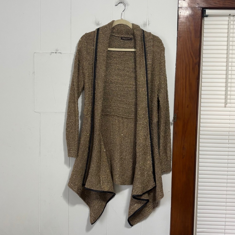 John Fashion Gold Sequin Wool Blend Waterfall Cardigan Faux Leather Trim Medium